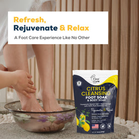 FOOT CURE scoop and label displaying measurements and convenient use benefit