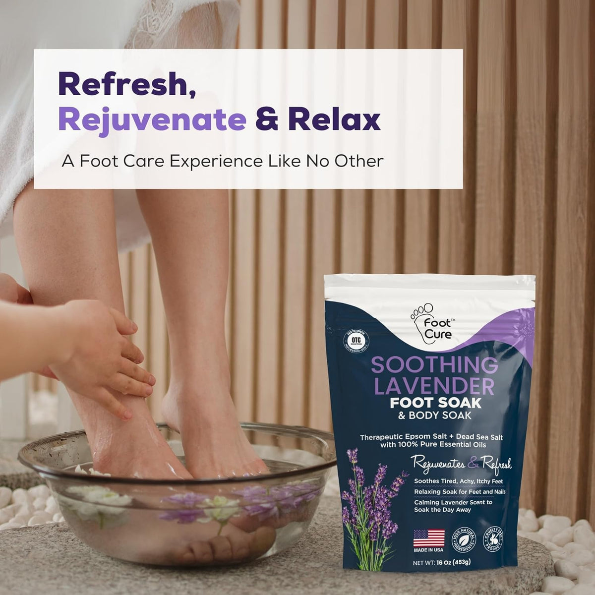 FOOT CURE jar held in hand to show 16 oz scale and portability benefit