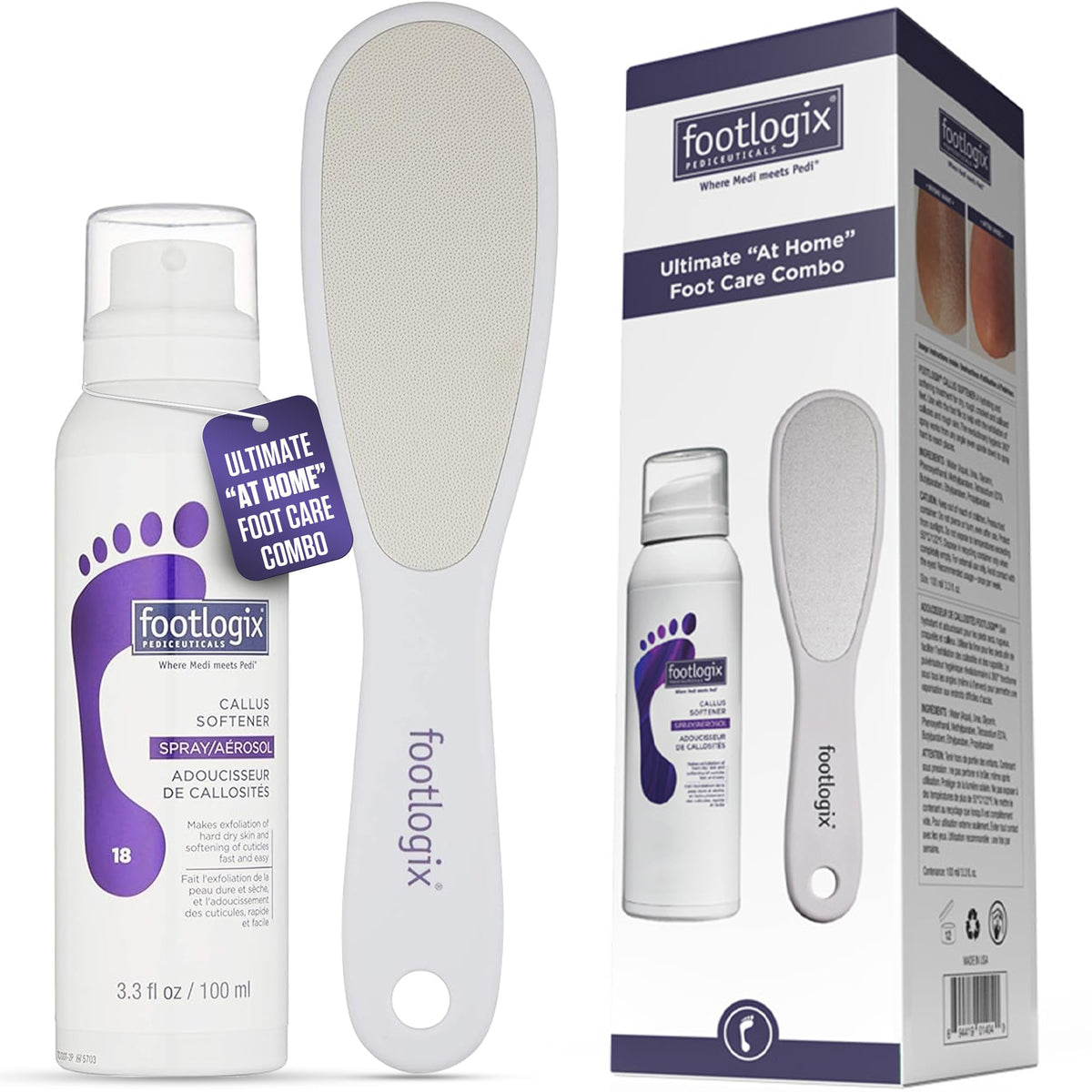 Footlogix front packaging showing callus softener spray and benefits