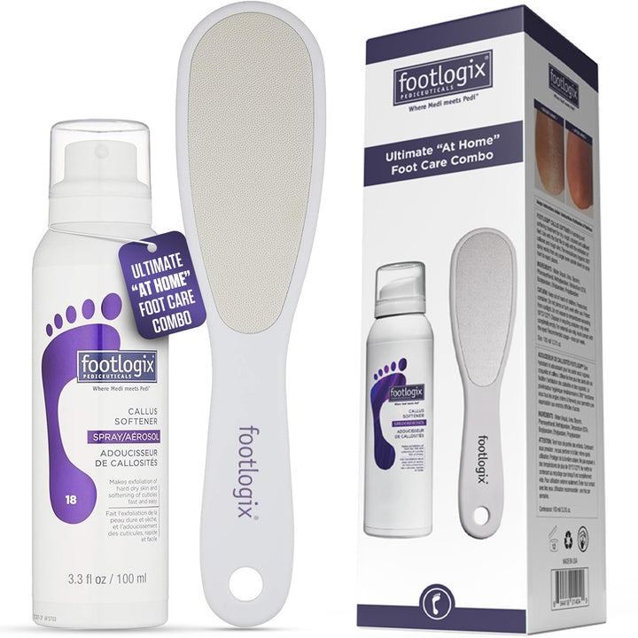 Footlogix front packaging showing callus softener spray and benefits