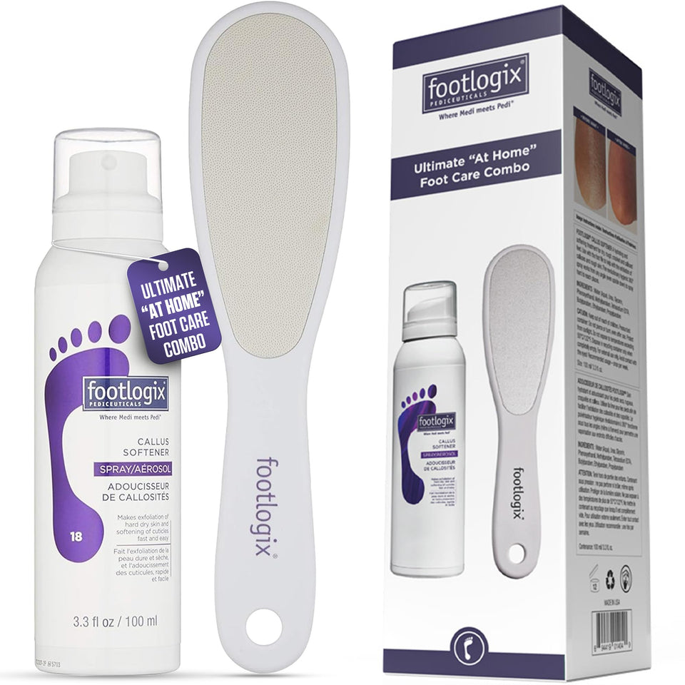 Footlogix front packaging showing callus softener spray and benefits