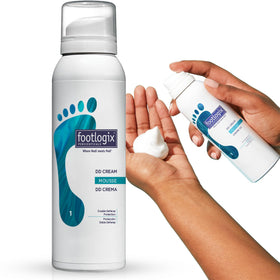 FOOTLOGIX front packaging showing lightweight mousse bottle and branding benefit