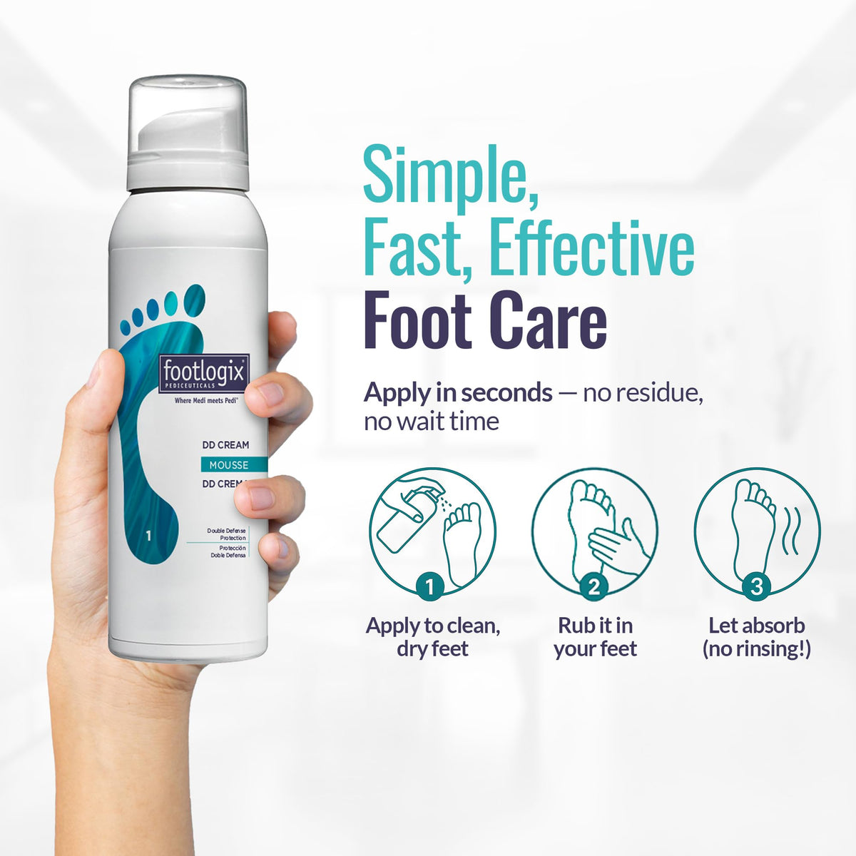 FOOTLOGIX mousse being massaged into foot to show soothing hydration benefit