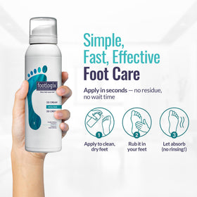 FOOTLOGIX mousse being massaged into foot to show soothing hydration benefit