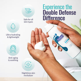FOOTLOGIX mousse texture dispensed on hand demonstrating quick absorption benefit