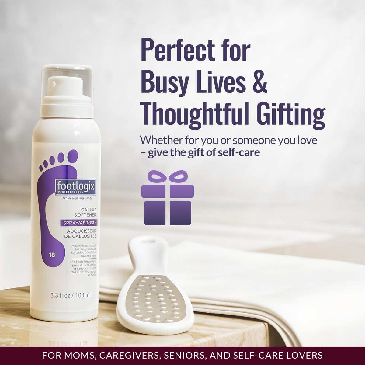 Footlogix file and spray on bathroom counter suggesting easy home pedicure