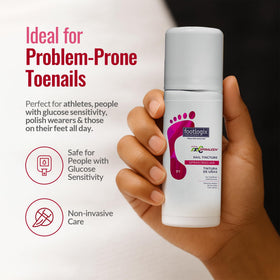 FOOTLOGIX bottle on bathroom shelf lifestyle image suggesting daily routine