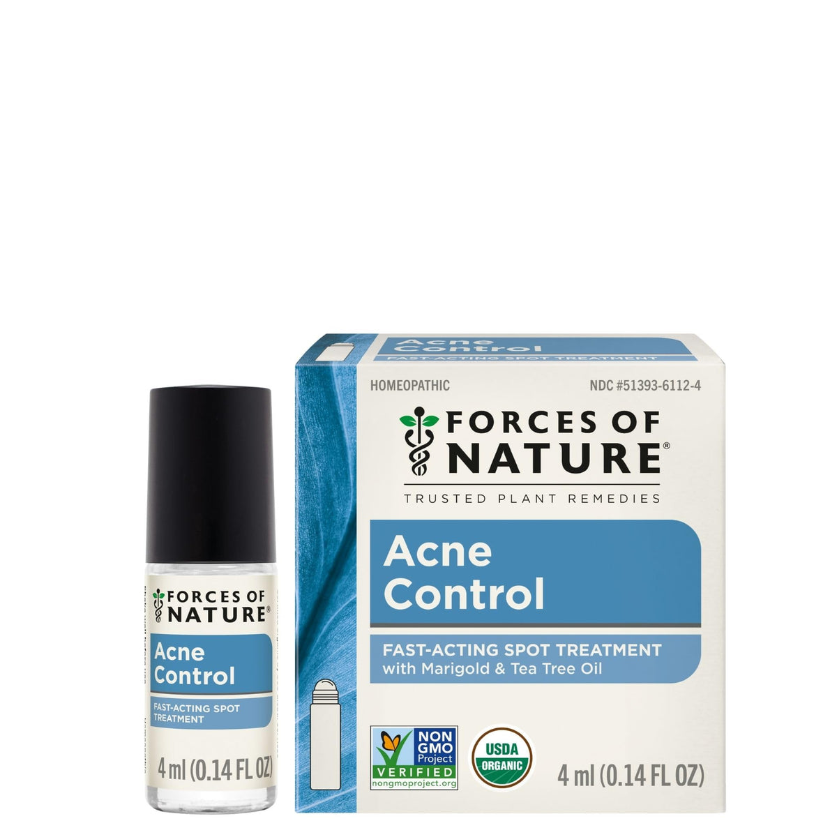 Forces of Nature front packaging showing compact organic acne rollerball benefit