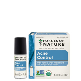 Forces of Nature front packaging showing compact organic acne rollerball benefit