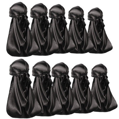 ForceWave front view of ten black satin durags showing pack and brand, protects hair and holds waves