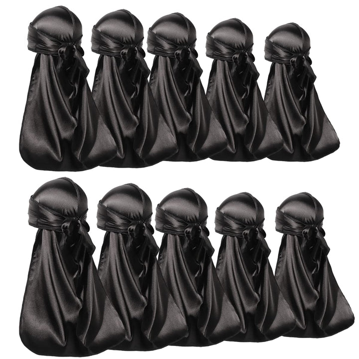 ForceWave front view of ten black satin durags showing pack and brand, protects hair and holds waves