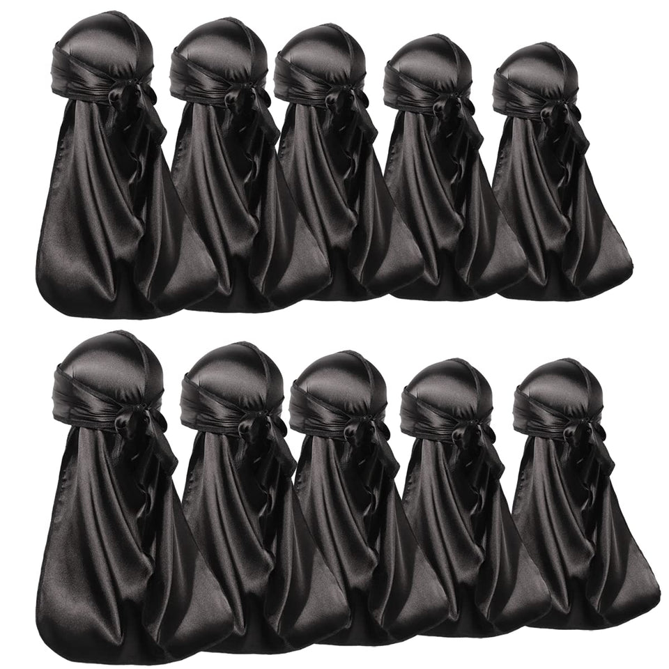 ForceWave front view of ten black satin durags showing pack and brand, protects hair and holds waves