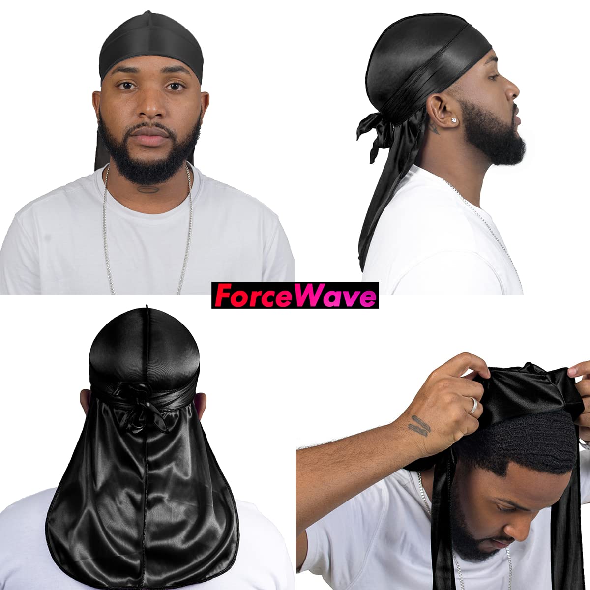 ForceWave model wearing long-tail durag demonstrating secure wrap and improved wave compression
