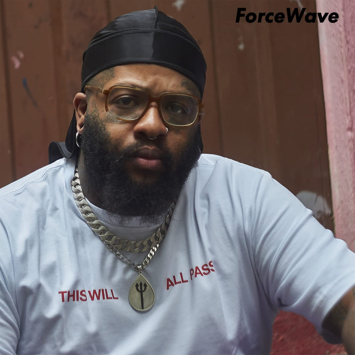 ForceWave 43-inch durag tail beside ruler showing length for versatile tying and stronger hold