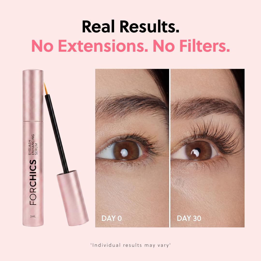 ForChics before and after lashes comparison showing longer, fuller lashes