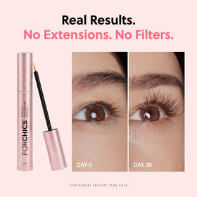 ForChics before and after lashes comparison showing longer, fuller lashes
