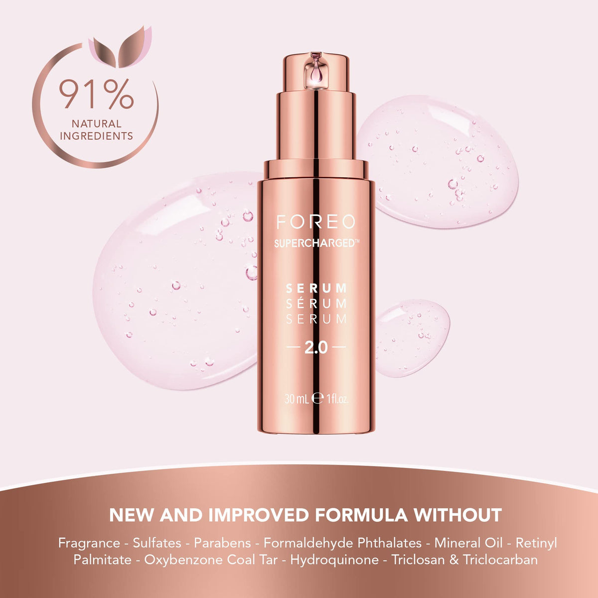 FOREO label and ingredient list visible, emphasizes natural-origin ingredients
