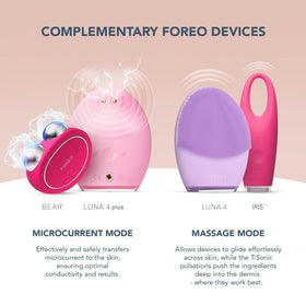 FOREO serum on bathroom vanity with towel, suggests daily self-care ritual