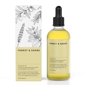 Forest & Shore front packaging showing Thrive Hair Oil benefits