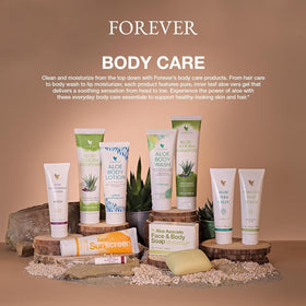 Forever Living jar on bathroom shelf suggesting daily skincare routine