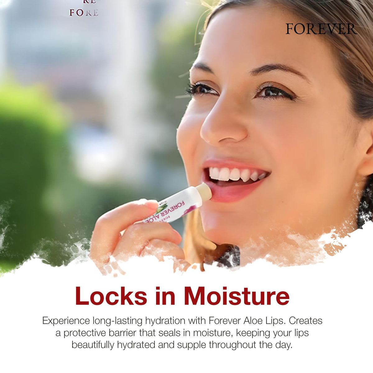 Forever Living aloe lips with aloe and jojoba visuals highlighting natural ingredients