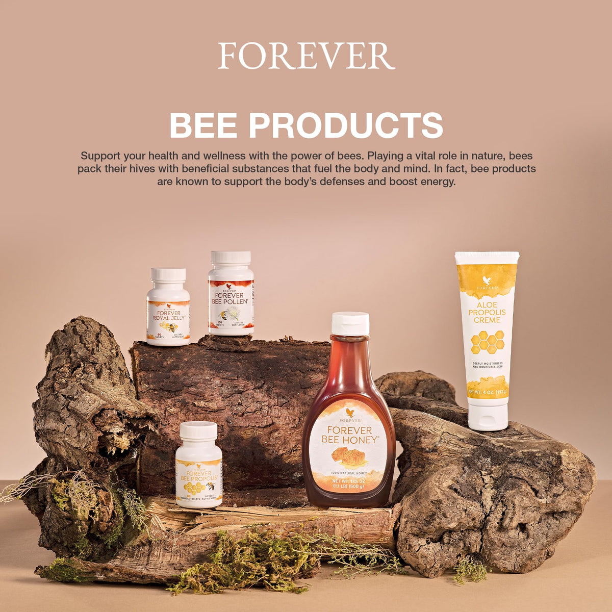 Forever Living jar on a vanity with towel showing botanical skincare appeal