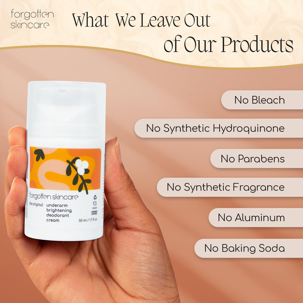 Forgotten Skincare label close-up listing active ingredients and directions