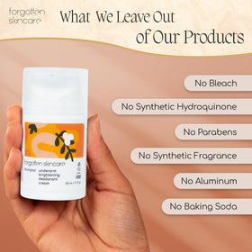 Forgotten Skincare label close-up listing active ingredients and directions