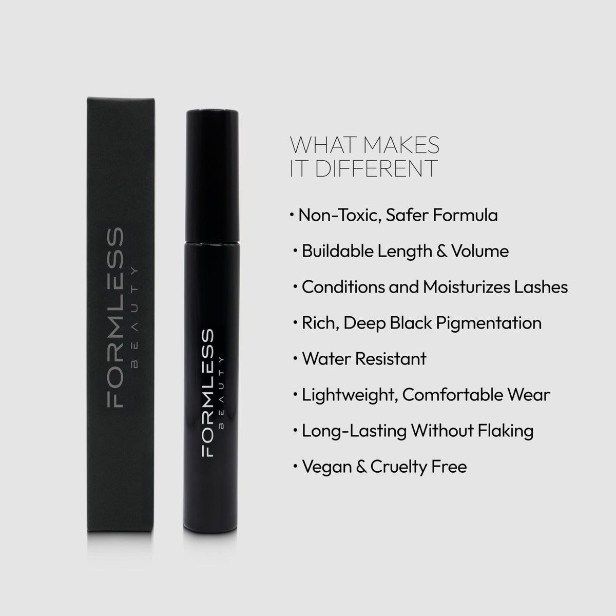 Formless Beauty mascara texture swipe showing rich black pigment and smooth formula benefit