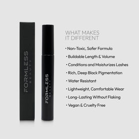 Formless Beauty mascara texture swipe showing rich black pigment and smooth formula benefit
