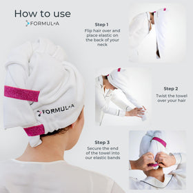 FORMUL-A wrapped on long hair demonstrating secure hold and reduced drying time