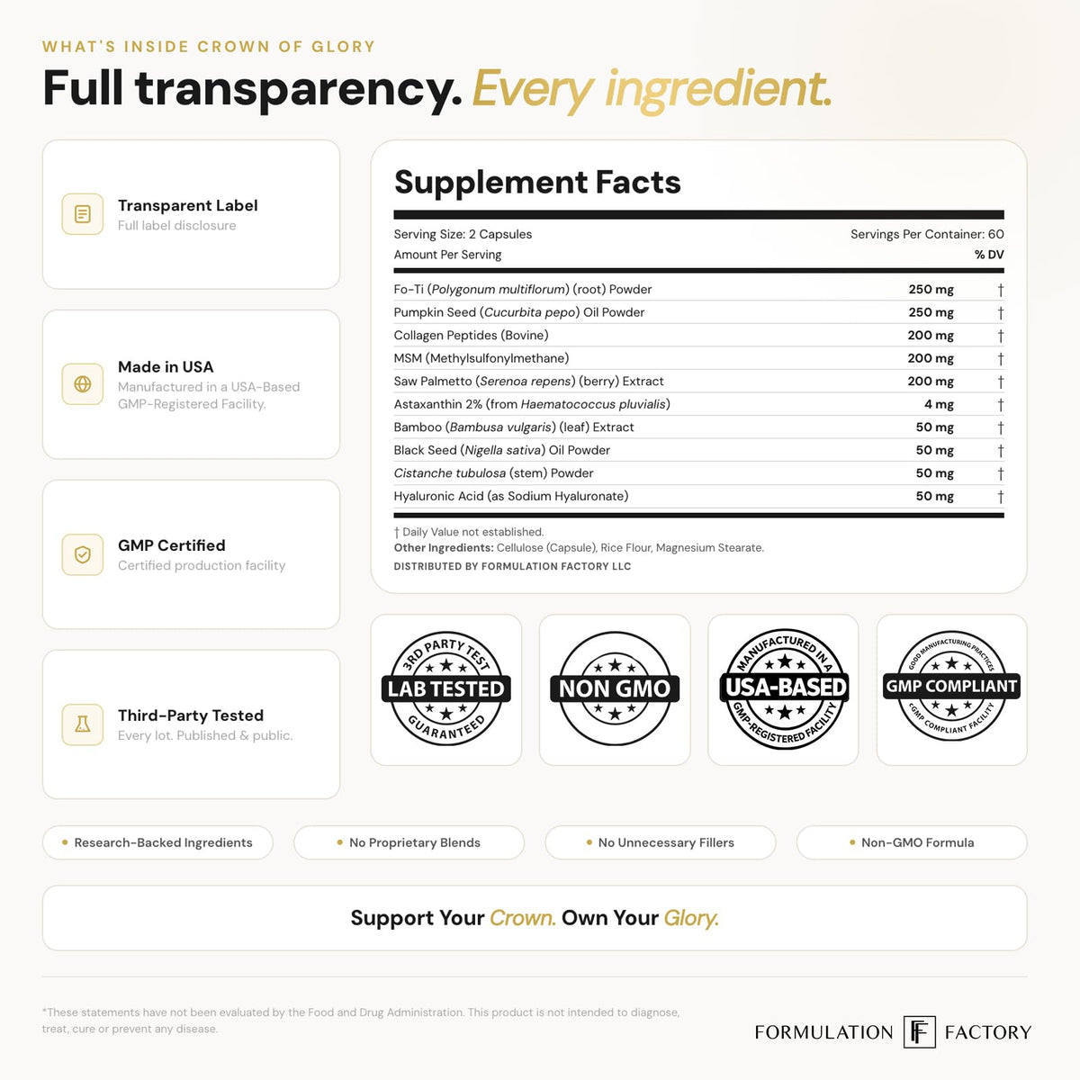 Formulation Factory label detail showing clear ingredient transparency