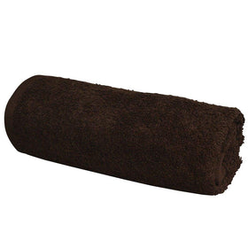 ForPro chocolate towel beside a hand for size comparison showing 16x27 practicality