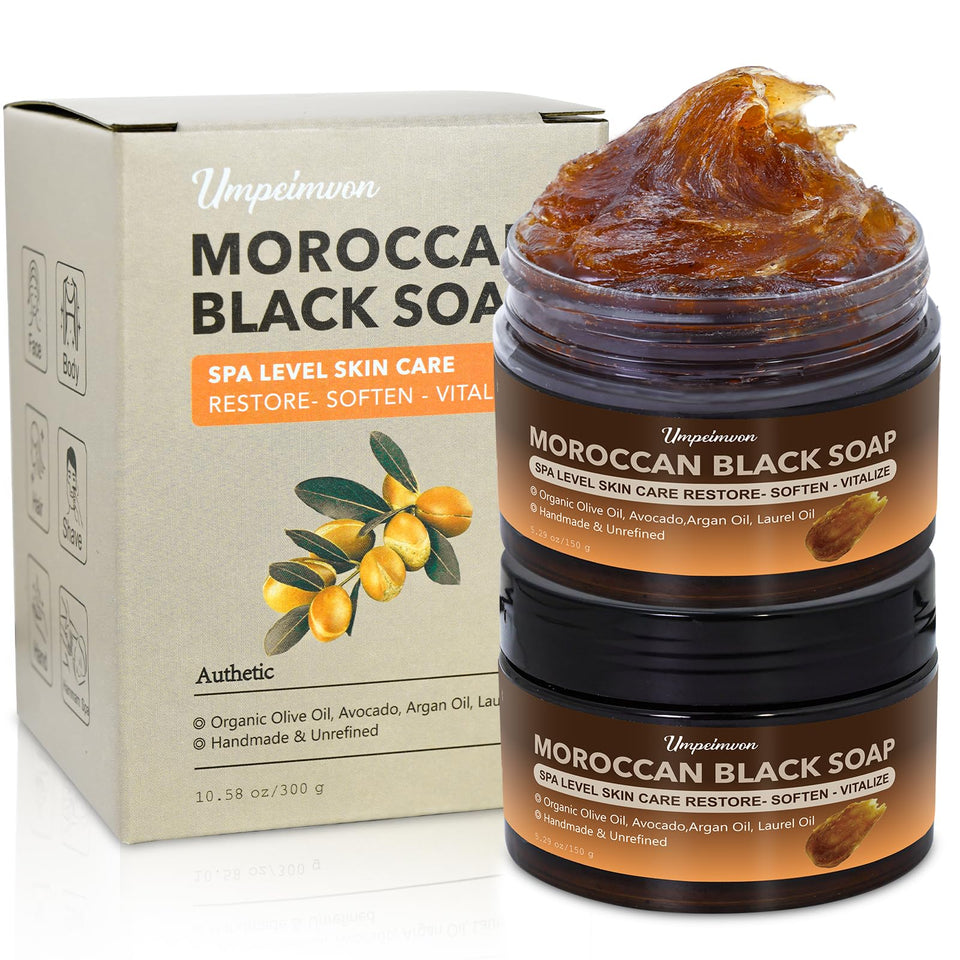 forvirness front packaging of two unrefined Moroccan black soap shows product and brand benefits