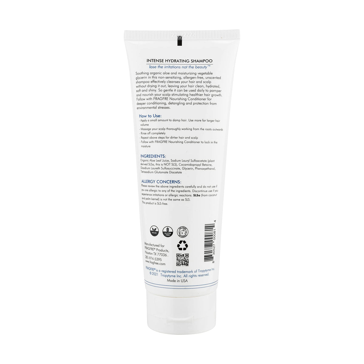 FRAGFRE shampoo on bathroom shelf conveying calm, scent-free routine