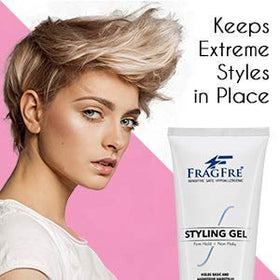 FRAGFRE styled hair close-up with clear finish, shows long-lasting hold benefit