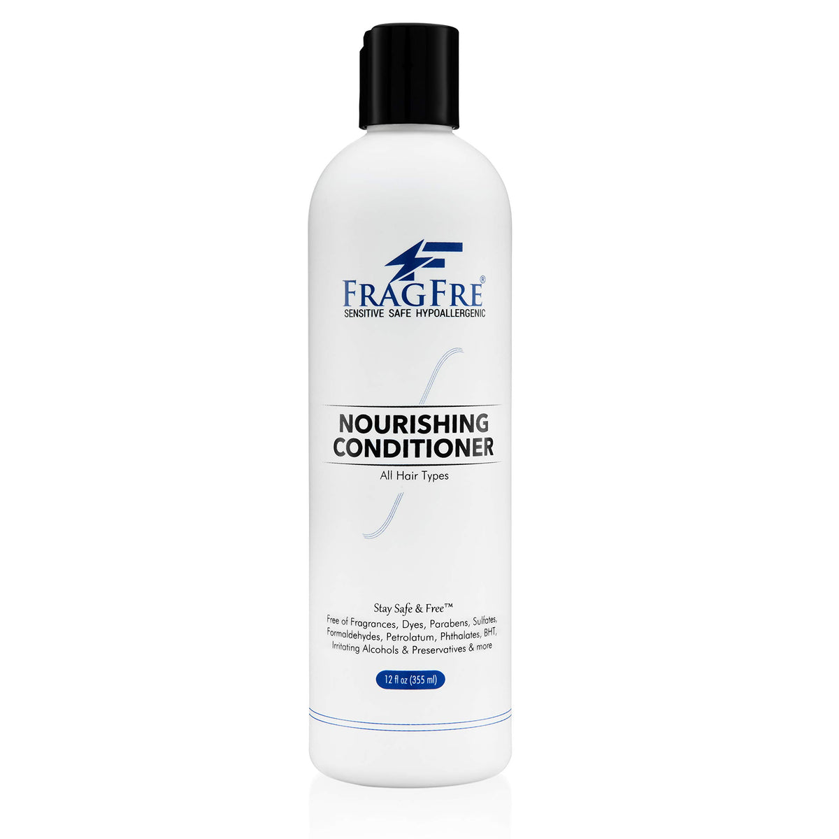 FRAGFRE front bottle shot showing 12 oz scent-free conditioner and clear labeling for sensitive skin