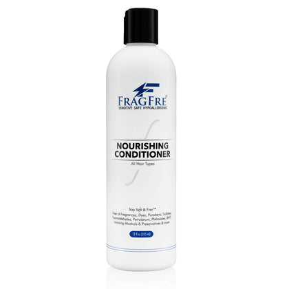 FRAGFRE front bottle shot showing 12 oz scent-free conditioner and clear labeling for sensitive skin