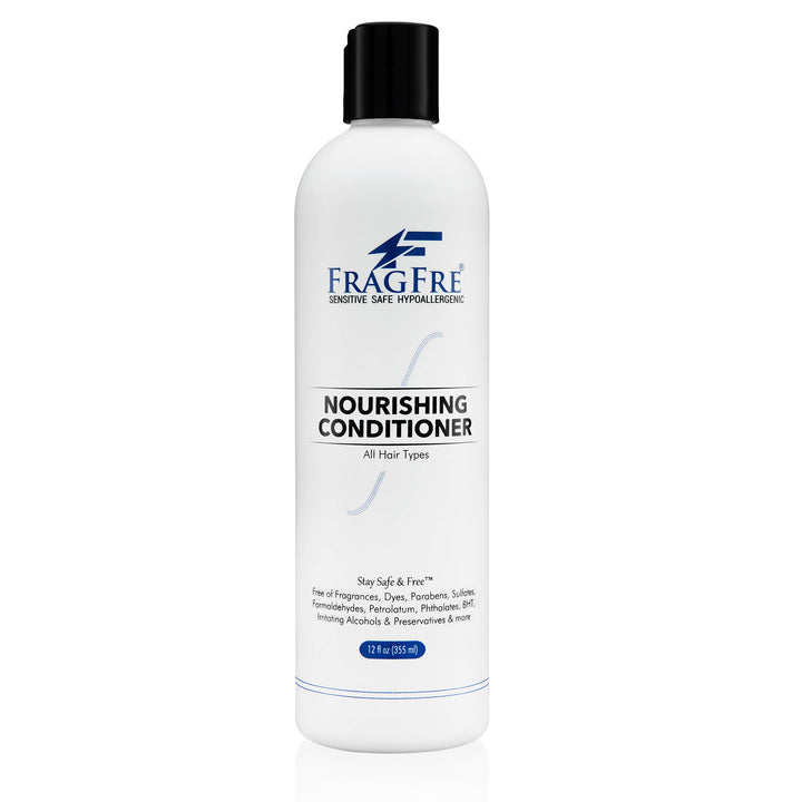 FRAGFRE front bottle shot showing 12 oz scent-free conditioner and clear labeling for sensitive skin