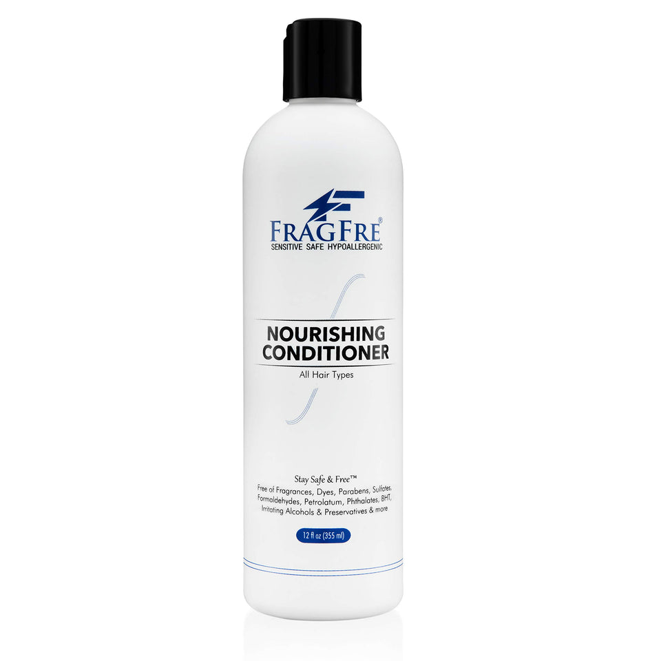 FRAGFRE front bottle shot showing 12 oz scent-free conditioner and clear labeling for sensitive skin