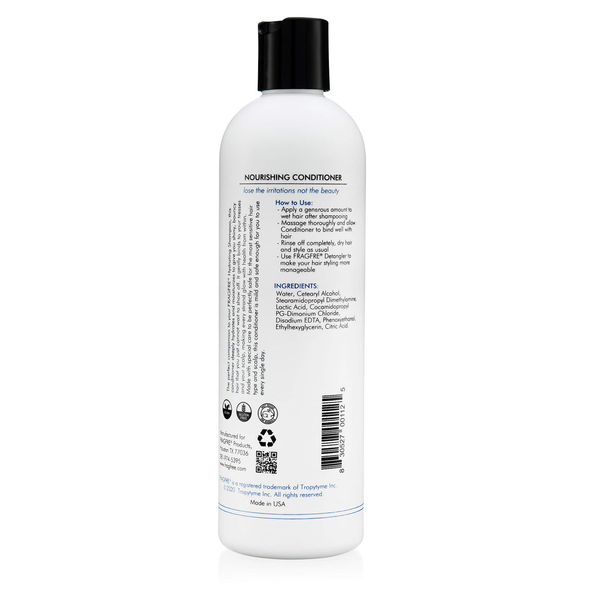 FRAGFRE label close-up highlighting ingredient exclusions and hypoallergenic benefit