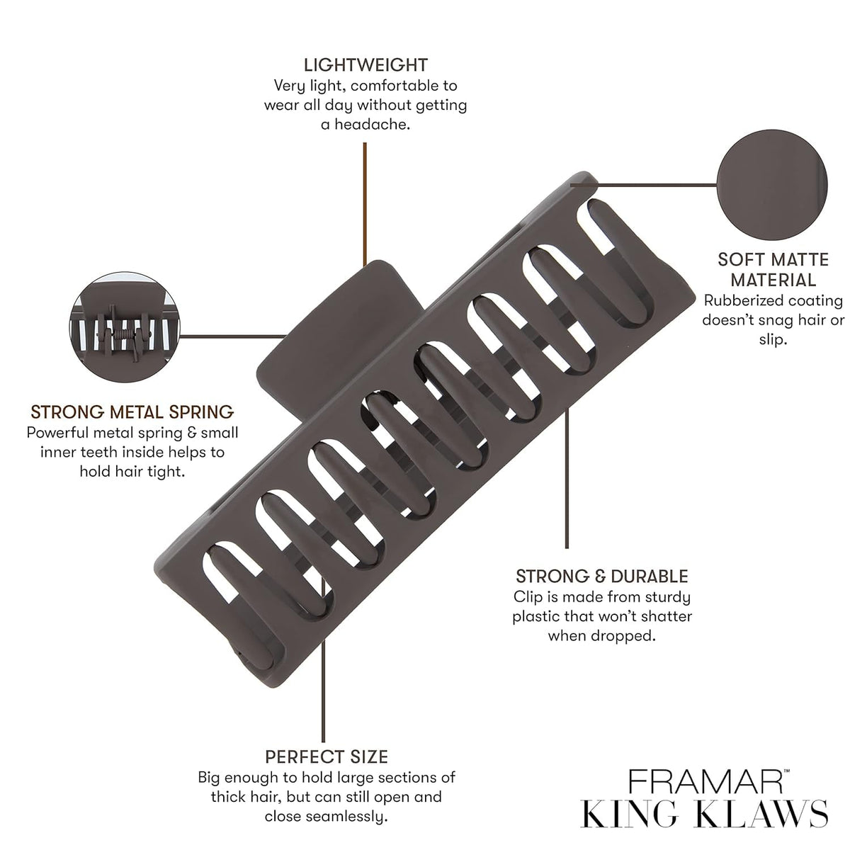 FRAMAR clip securing thick hair in an updo demonstrating strong hold and comfort