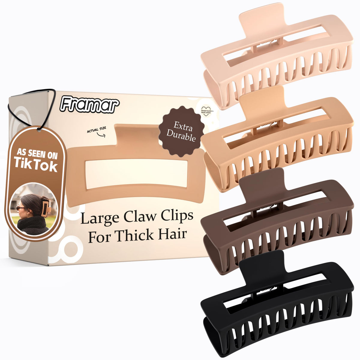 FRAMAR front view of four large claw clips showing pack and matte finish, stylish hold