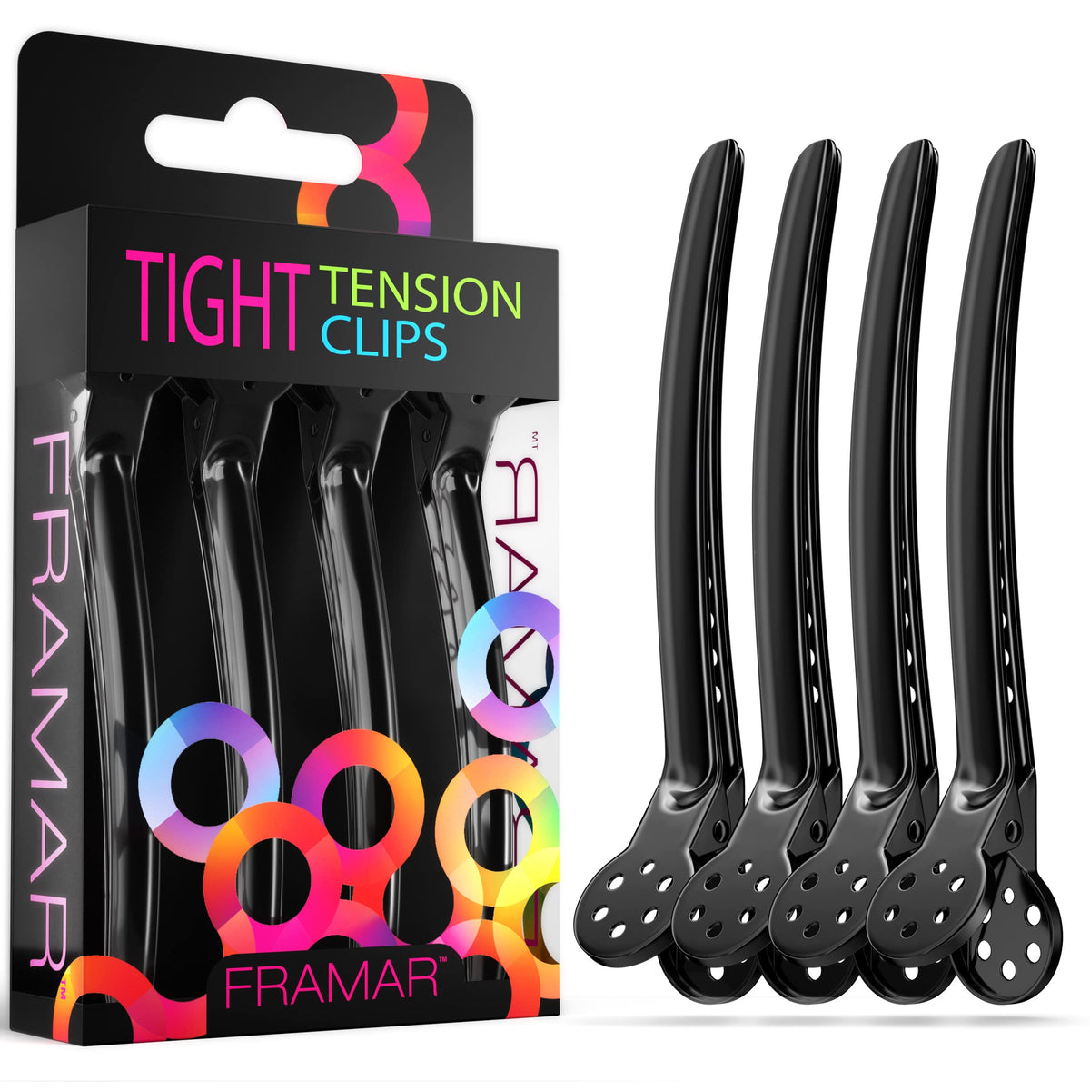 FRAMAR front view of four black metal clips showing professional build and grip