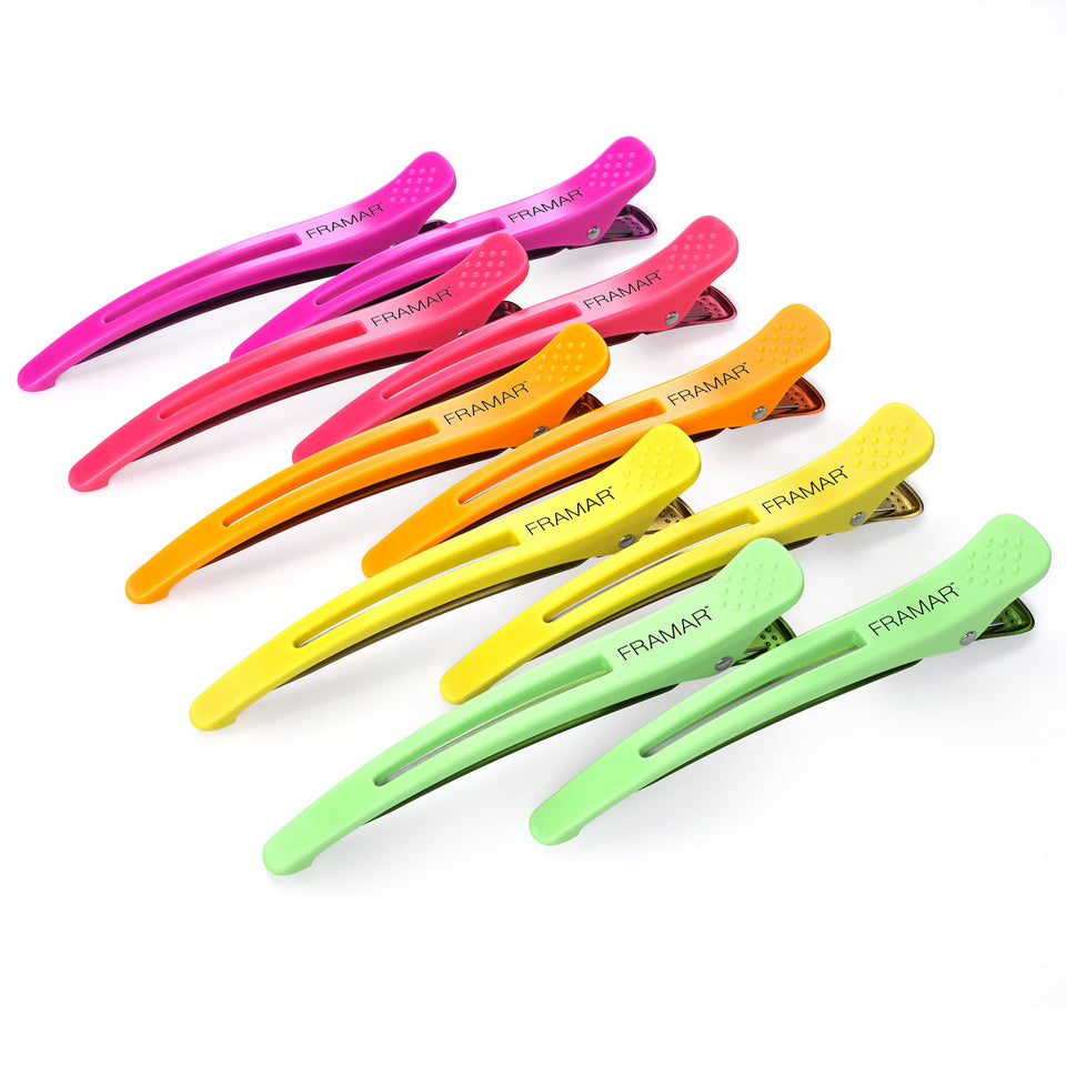 FRAMAR front pack of 10 neon creaseless clips showing vibrant colors and count benefits