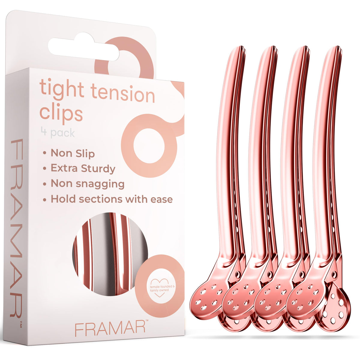 Framar rose gold metal clip front view showing sleek finish and secure hold