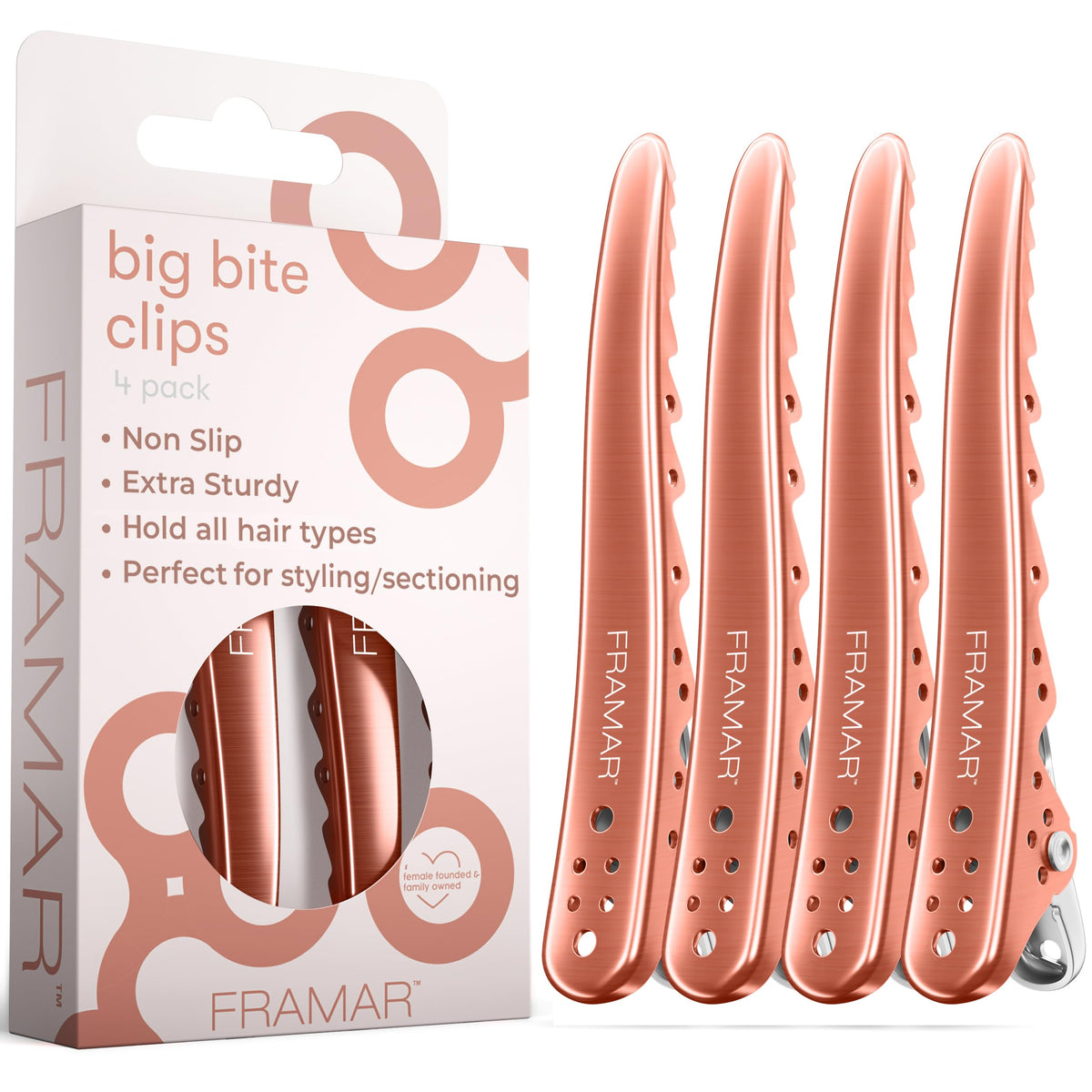 FRAMAR front view of rose gold clips showing professional finish and secure hold