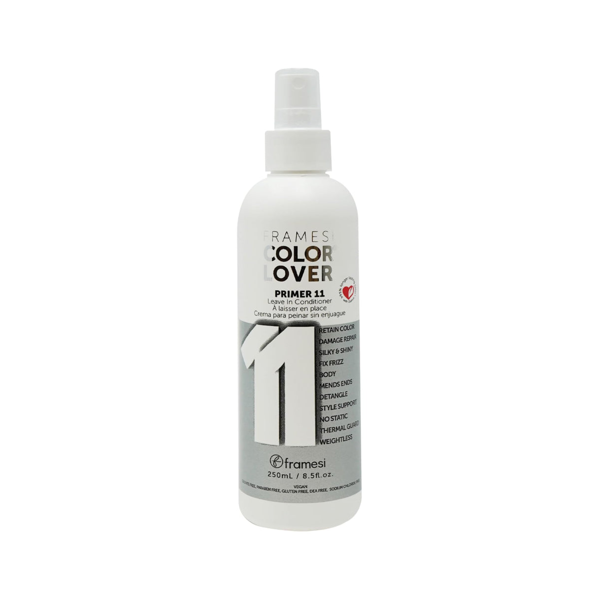 Framesi bottle front view showing label and size with clear color-protection benefit