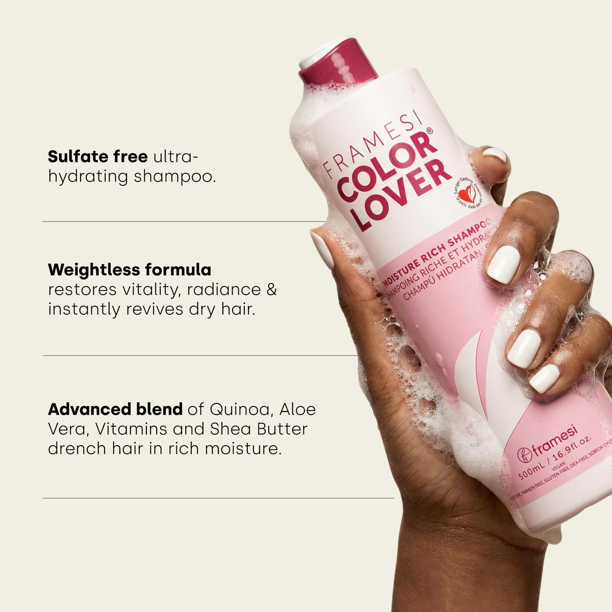 Framesi shampoo texture close-up demonstrating rich, lightweight lather