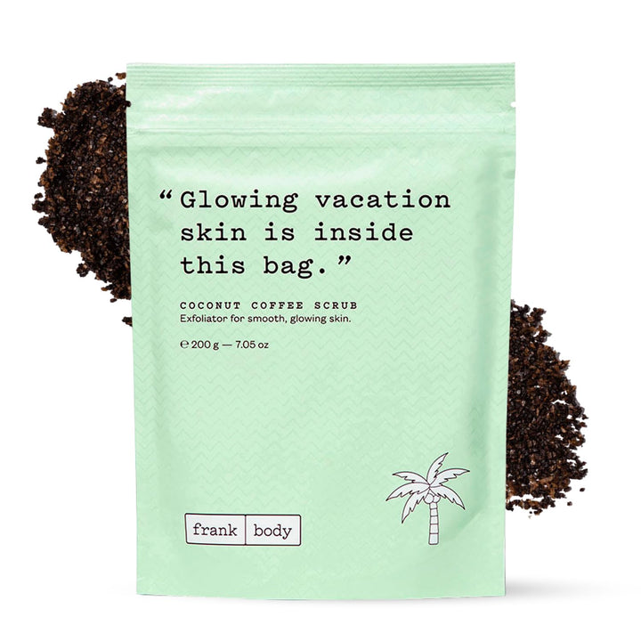 frank body front packaging jar showing product and benefits